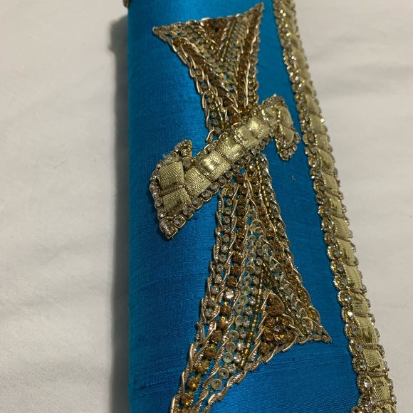 Blue & Gold South Asian Inspired Clutch- Raw Silk - Picture 4 of 12